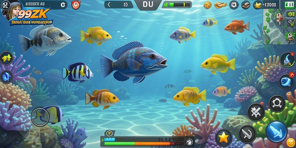 Gameplay seru dalam 99ZK menembak ikan di lautan.