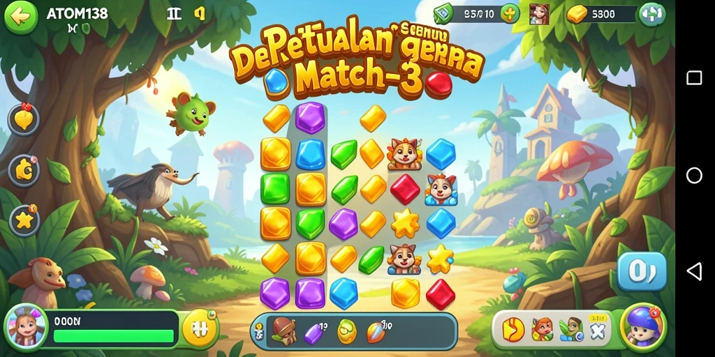 Tampilan gameplay ATOM138 dengan grafis cerah dan efek menarik.