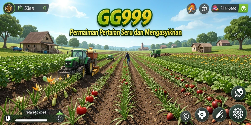 Tangkapan layar gameplay GG999 yang menampilkan kebun yang subur dan hewan ternak.