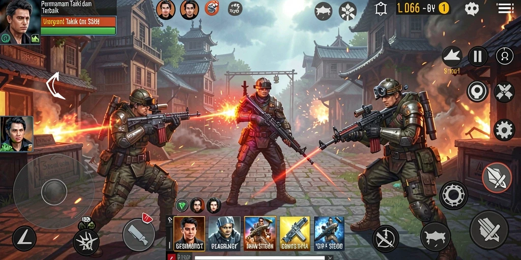 Screenshot utama ID66 menunjukkan karakter dalam aksi taktis di medan perang.