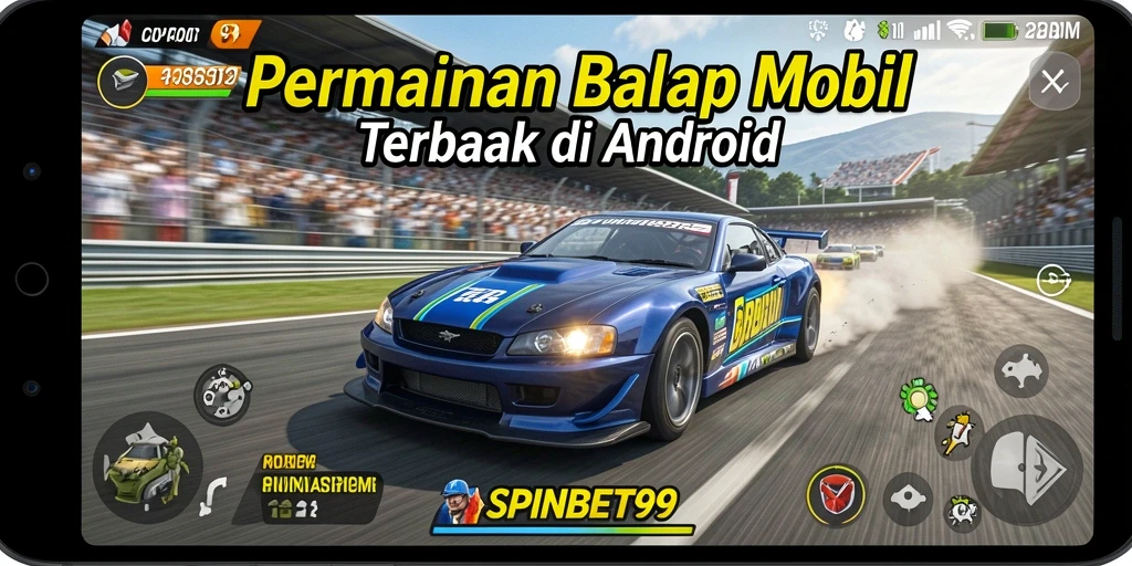Gambaran gameplay SPINBET99 dengan mobil balap yang cepat dan lintasan yang menarik.