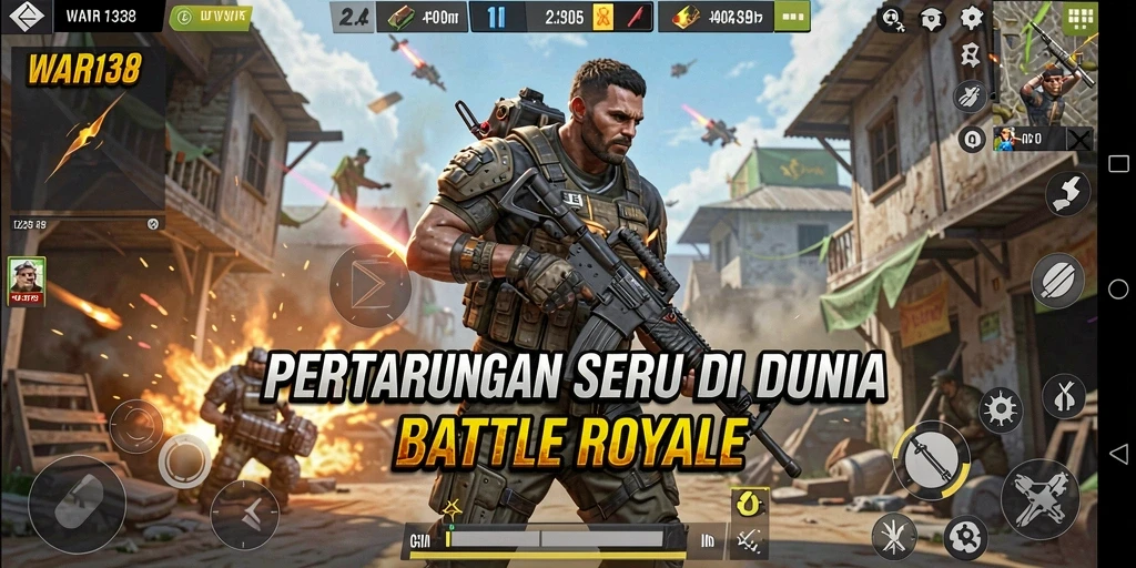 Screenshot menampilkan pemain beraksi di medan perang Battle Royale.