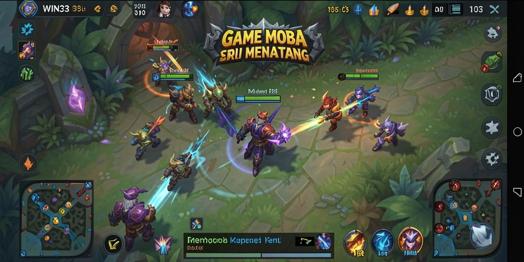 Screenshot gameplay WIN33 menampilkan pertempuran intens di arena MOBA.