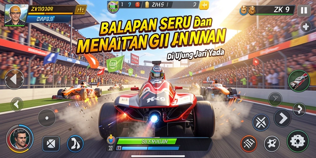 Screenshot ZK9 menampilkan balapan mendebarkan dengan kendaraan meluncur kencang.